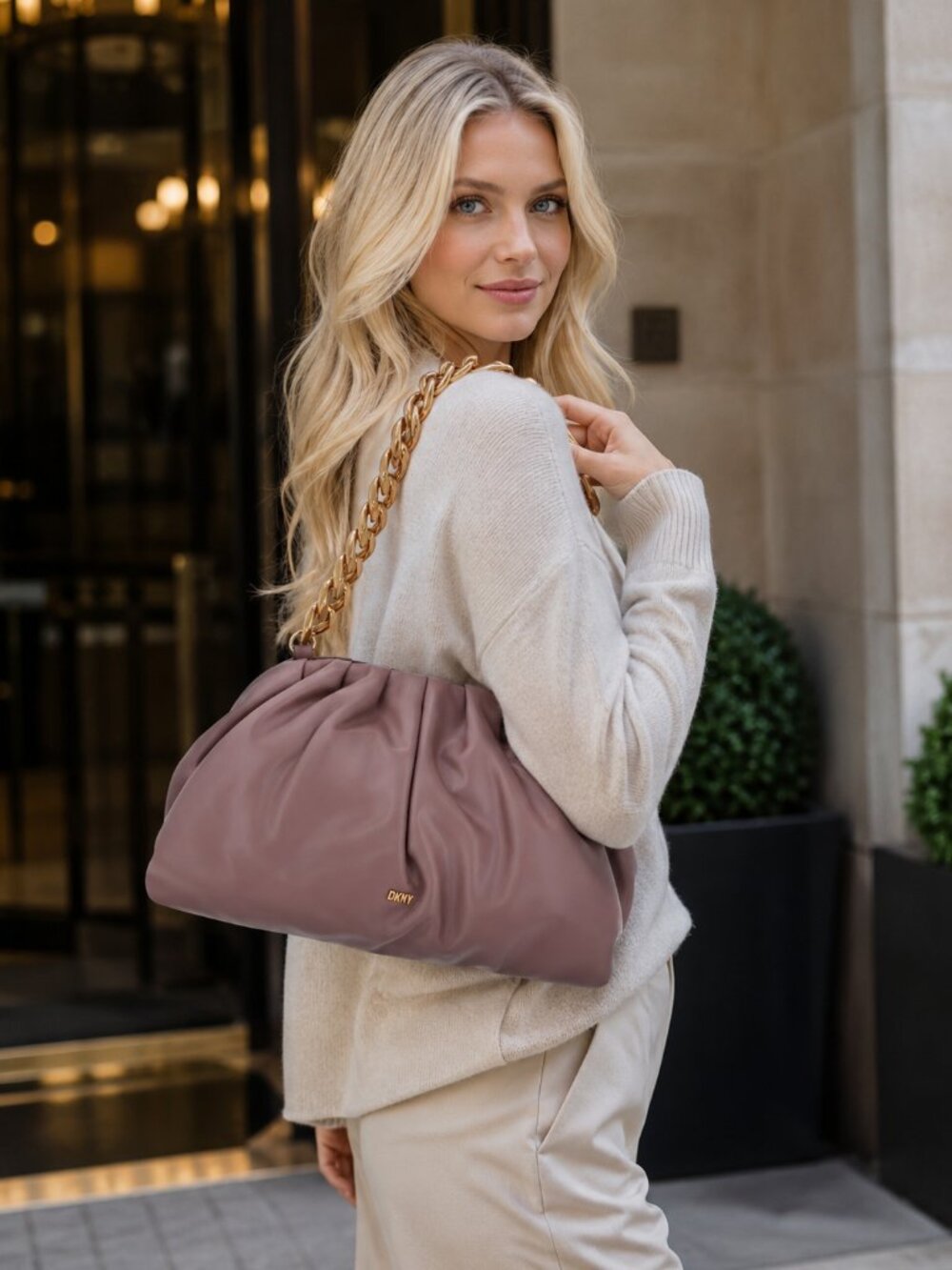 NWT DKNY Presley Vegan Leather Chain Shoulder Bag Vintage Rose